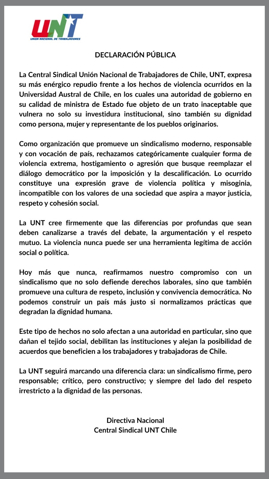 14-04-2026  UNT Entrega Carta a los Ministerios de Hacienda y Trabajo, Los trabajadores del mundo privado debemos estar representados en la discusión del Salario Mínimo
